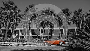 Artistic image of old red retro car, Black and white, vintage.