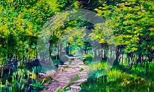 An impressionist style image of a forest with trees and a footpath running through it