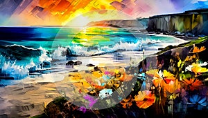 An impressionist oil painting style image of a seaside landscape photo