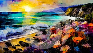 An impressionist oil painting style image of a seaside landscape photo