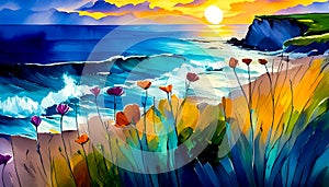 An impressionist oil painting style image of a seaside landscape photo