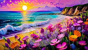 An impressionist oil painting style image of a seaside landscape photo