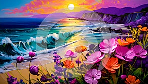 An impressionist oil painting style image of a seaside landscape photo