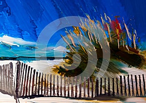 An impressionist painting style image of a sandy dune beach with bull rushes photo