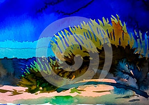 An impressionist painting style image of a sandy dune beach with bull rushes photo