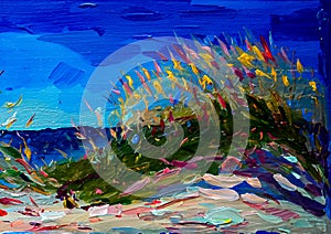 An impressionist painting style image of a sandy dune beach with bull rushes photo