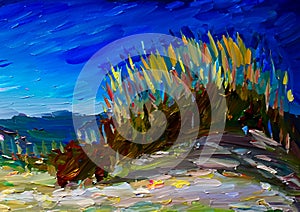 An impressionist painting style image of a sandy dune beach with bull rushes photo