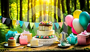 An artistic generated image of a birthday cake set up in a forest landscape