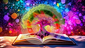 Conceptual generated image of the tree of knowledge growing out of the book of knowledge