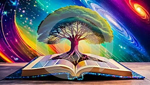 Conceptual generated image of the tree of knowledge growing out of the book of knowledge