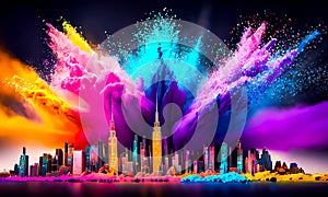 Colorful powder creates a magical explosion futuristic cityscape photo