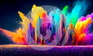 Colorful powder creates a magical explosion futuristic cityscape photo