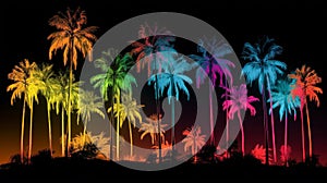 An artistic impression of a row of palm trees with vibrant rainbow colors on a black background