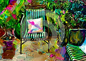 An artistic impressionist painting style of a colourful courtyard garden