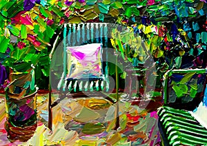 An artistic impressionist painting style of a colourful courtyard garden