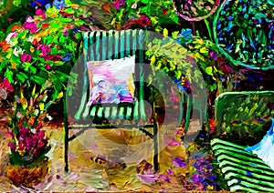 An artistic impressionist painting style of a colourful courtyard garden