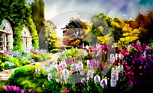 An artistic impressionist painting style of a colourful english country garden