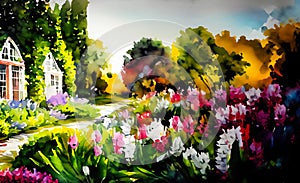 An artistic impressionist painting style of a colourful english country garden