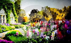 An artistic impressionist painting style of a colourful english country garden