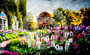 An artistic impressionist painting style of a colourful english country garden