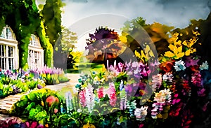 An artistic impressionist painting style of a colourful english country garden