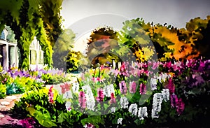 An artistic impressionist painting style of a colourful english country garden