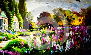 An artistic impressionist painting style of a colourful english country garden