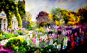 An artistic impressionist painting style of a colourful english country garden