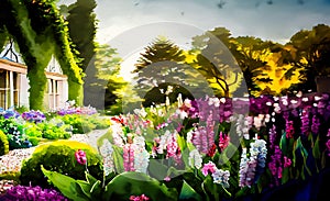 An artistic impressionist painting style of a colourful english country garden