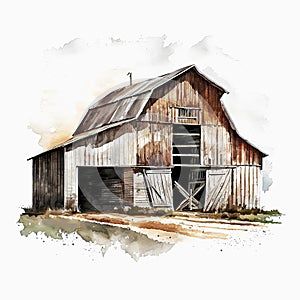 Artistic Impressions: Watercolor Illustration of a Farm old western Barn in a Scenic Landscape