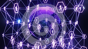 Artistic infographics binary numbers tunnel and Earth globe rotation. Technology Network Data Connection