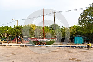 Artistic installation of a sailing boat in Bayahibe, La Altagracia, Dominican Republic. Copy space for text.