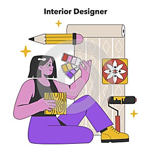 Artistic Interior Designer Selecting Patterns. Flat vector illustration.
