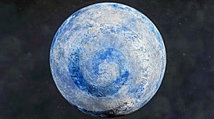 Artistic interpretation of a celestial body with a textured blue and white surface against a dark space background