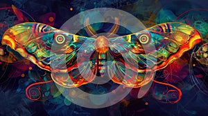 An artistic interpretation of a moths antennae with vibrant colors and swirling shapes reminiscent of a peas plumage. .