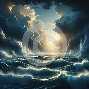 Artistic interpretation of a stormy sea with powerful and dram photo