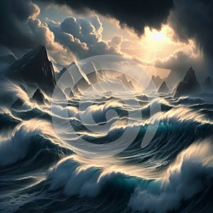 Artistic interpretation of a stormy sea with powerful waves  photo