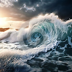 artistic interpretation of a tsunami wave in motion   photo