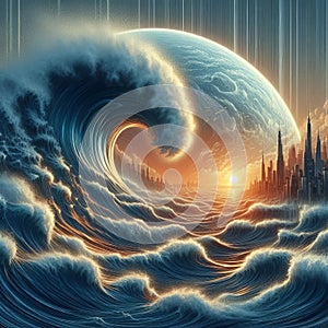 Artistic interpretation of a tsunami wave in motion, photoreal photo