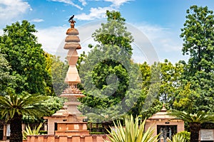 artistic jain red stone holy pillar at morning from unique angle