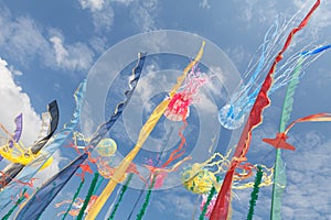 Artistic kites, flags, strips fluttering in the sky