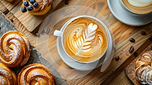 Artistic Latte Coffee with Rosetta Foam Art Beside Freshly Baked Cinnamon Rolls on Rustic Wooden Table