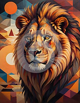 Artistic lion head against an abstract background of vibrant colors and shapes, Generative AI