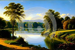 artistic scene of riverside at noonday generated by ai