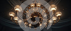 An Artistic metallic chandelier hangs symmetrically from the dark ceiling