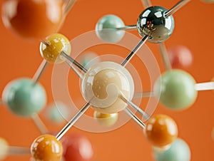 Artistic model of a molecular structure against a warm orange background