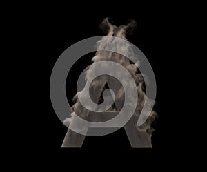 Artistic monster smoking alphabet - letter A made of dark fog or smoke isolated on black background, 3D illustration of symbols
