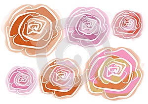 Set Floral element in the style of line art on a white background. Pink, violet, purple, orange, beige, brown and red