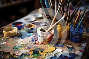 Artistic Paintbrushes and Paints on Table