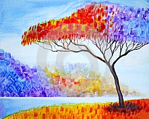 Artistic painting colorful winter tree